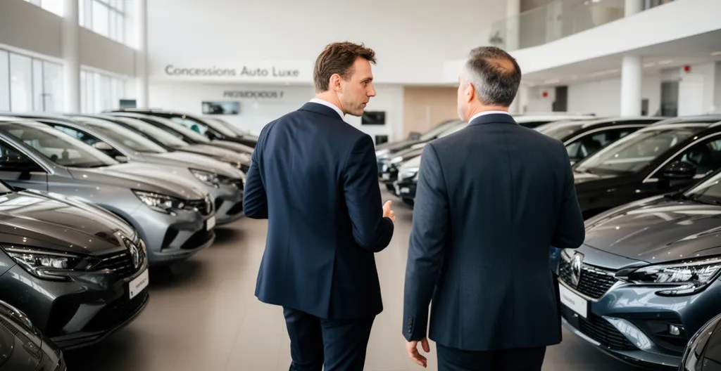 Conseiller commercial accompagnant un client dans les allées d'une concession Peugeot