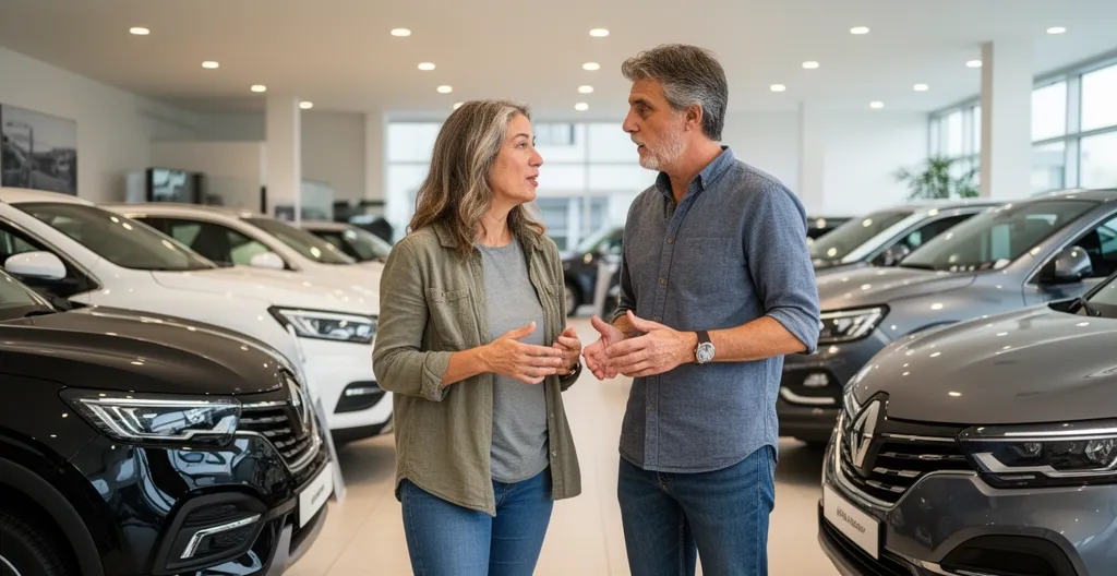 Couple comparant deux modèles de véhicules dans une concession automobile Peugeot