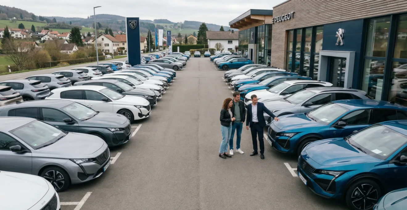 Parc automobile d'une concession Peugeot avec rangées de véhicules neufs colorés à Nîmes