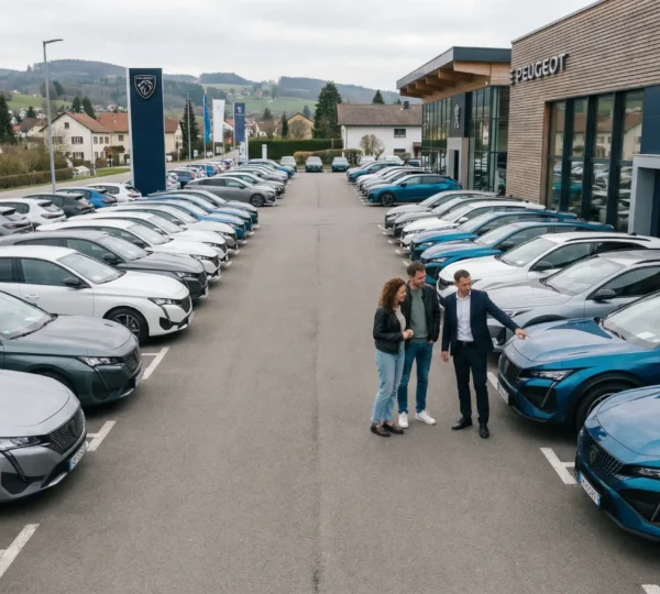 Parc automobile d'une concession Peugeot avec rangées de véhicules neufs colorés à Nîmes