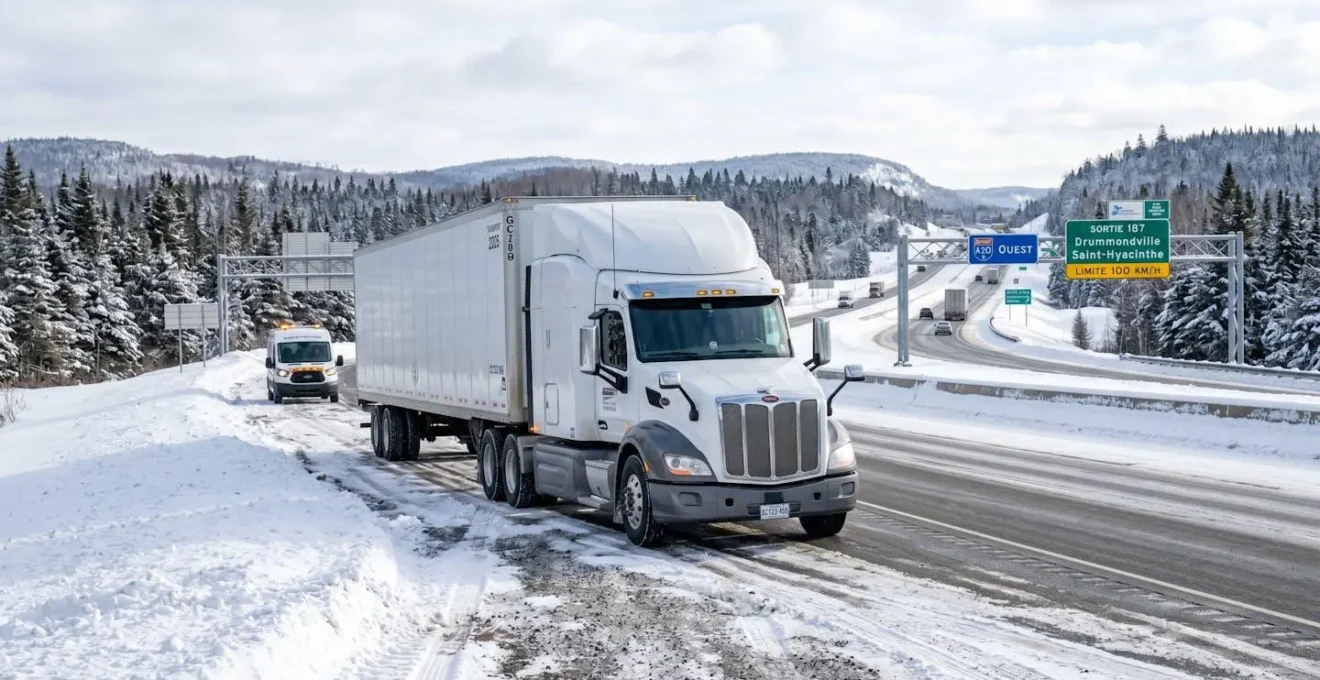 Camion lourd moderne immobilisé sur l'accotement d'une autoroute québécoise en hiver, avec neige visible au sol et conditions météorologiques difficiles