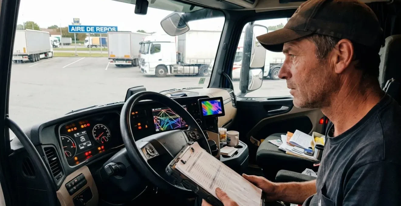 Un chauffeur routier consulte le tableau de bord de son camion lourd en notant des codes erreur sur un document, dans un parking commercial au Québec