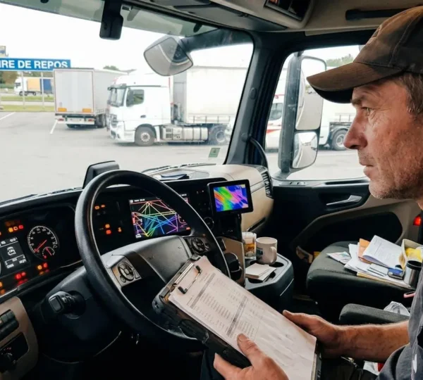 Un chauffeur routier consulte le tableau de bord de son camion lourd en notant des codes erreur sur un document, dans un parking commercial au Québec