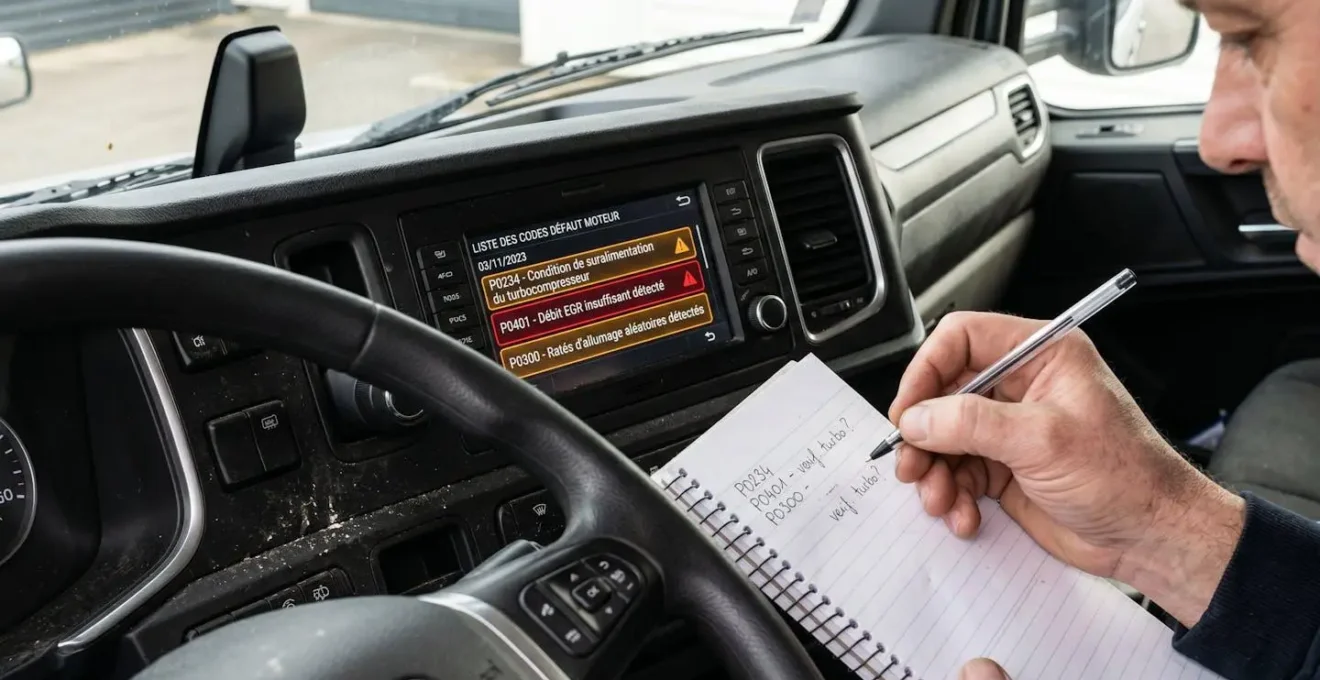 Gros plan sur un tableau de bord de camion lourd affichant des codes erreur moteur, avec la main d'un chauffeur pointant vers l'écran de diagnostic