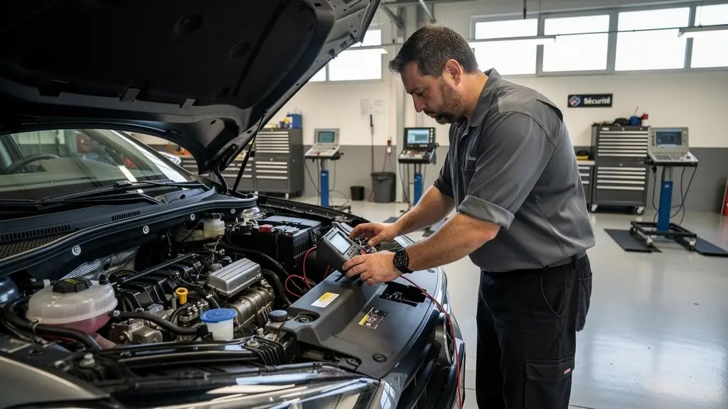 Technicien automobile professionnel effectuant un contrôle technique sous le capot d'un véhicule avec un appareil de diagnostic dans un atelier