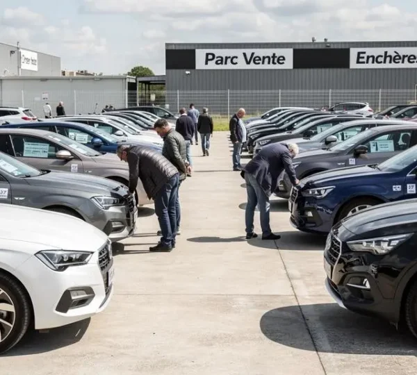 Vue d'ensemble d'un site d'enchères automobiles avec plusieurs véhicules d'occasion alignés et acheteurs potentiels inspectant les voitures