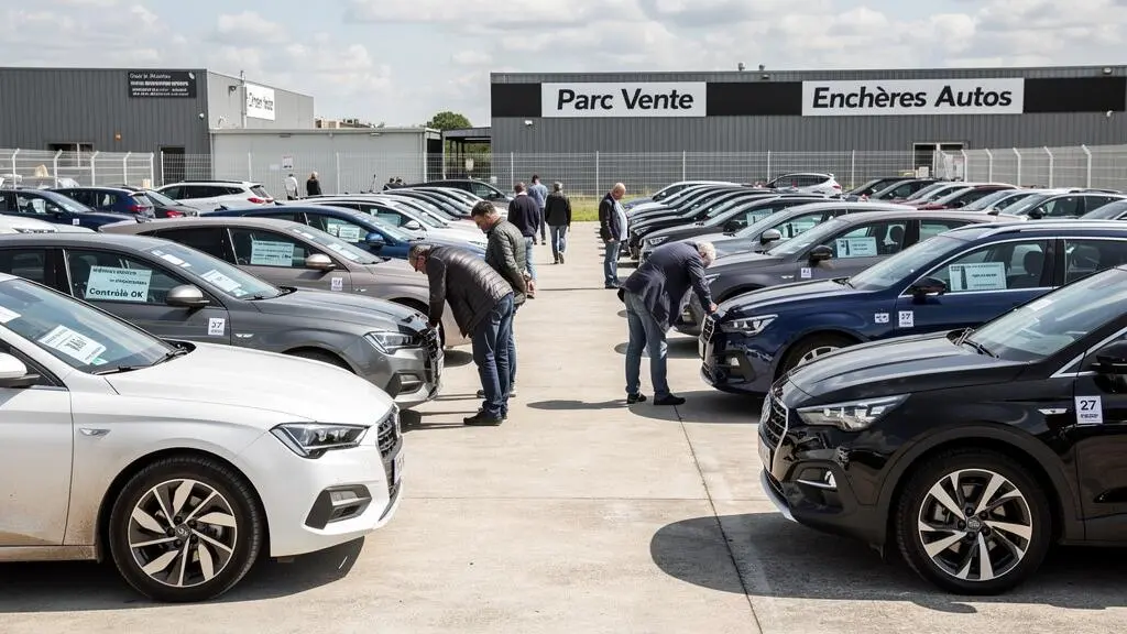 Vue d'ensemble d'un site d'enchères automobiles avec plusieurs véhicules d'occasion alignés et acheteurs potentiels inspectant les voitures